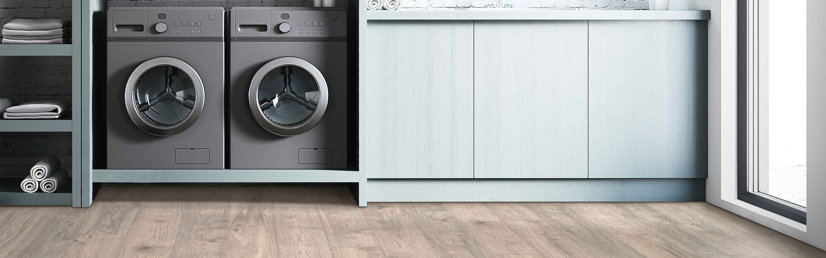 dark rustic wood look laminate flooring in laundry room