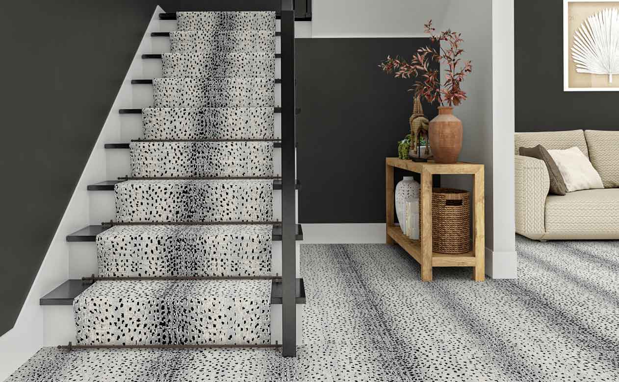 White leopard carpet with matching stair runner 
